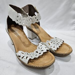 Rieker Antistress Block Heel Sandals 38 White Laser Cut Party Embellished Fairy